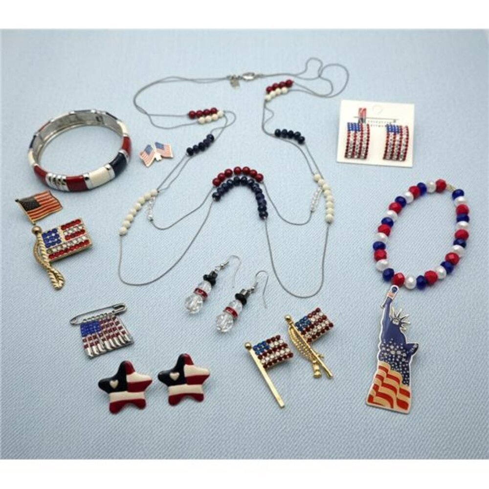 USA Patriotic Costume Jewelry Lot 13pcs Necklace Bracelets Pins Earrings